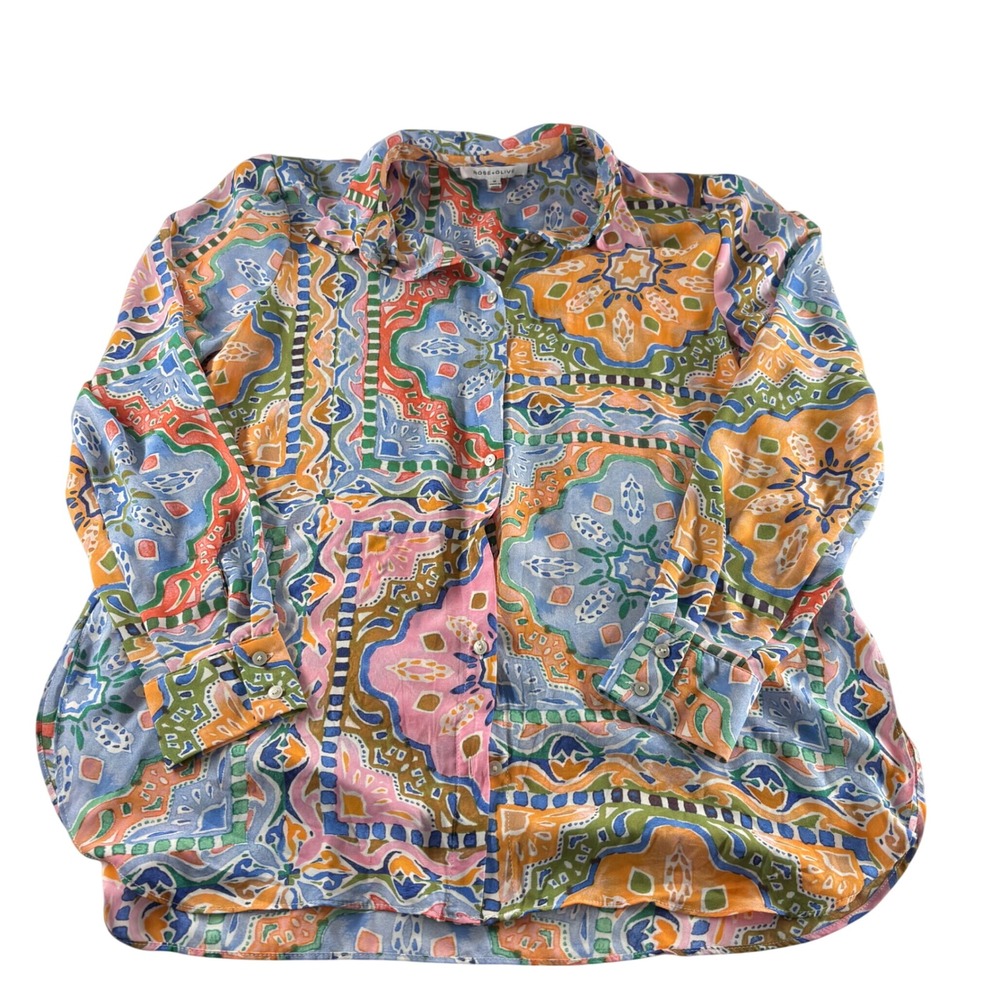 Rose + Olive Womens Medium Geometric Medallion Print Button Up Blouse Multicolor